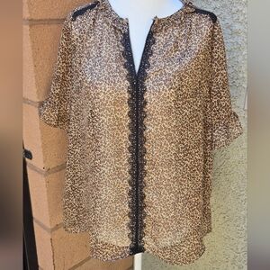 Everleigh Sheer Leopard Print Blouse with Black Lace Trim